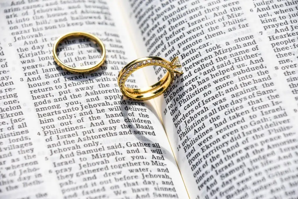 Two wedding rings on top of open pages of the Bible.