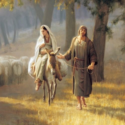 Mary and Joseph painting by Joseph Brickey. Mary is sitting on a donkey, as Joseph leads the animal with a rope. A flock of sheep reside in the background of the painted scene of gentle yellow shades.