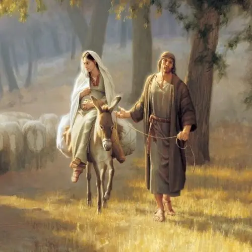 Mary and Joseph painting by Joseph Brickey. Mary is sitting on a donkey, as Joseph leads the animal with a rope. A flock of sheep reside in the background of the painted scene of gentle yellow shades.
