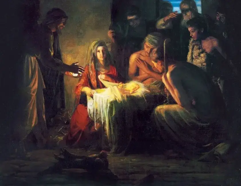 Mary and the baby Jesus in a depiction of the Nativity, with light emanating from the Savior.